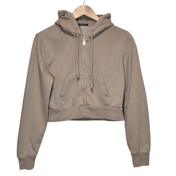Brandy Melville Tan Cropped Zip Up Hoodie Crystal Sweatshirt Women S Earthy Cozy - Picture 2 of 7